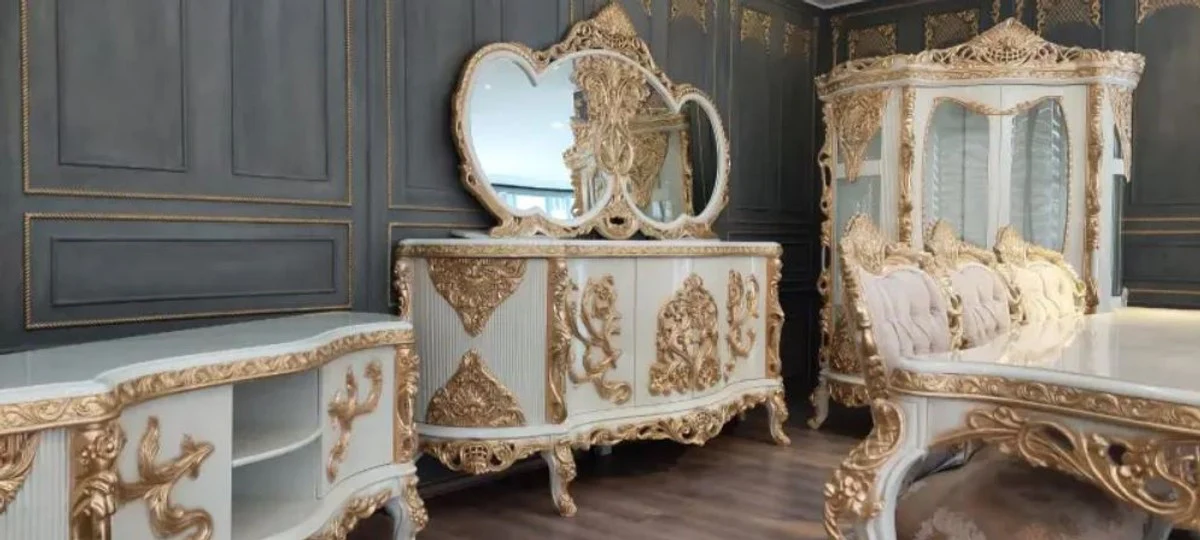 Casa Padrino conjunto de muebles barrocos de lujo blanco / oro - 1 Aparador Barroco y 1 Espejo de Pared Barroco - Muebles Barroco - Noble y Magnífico