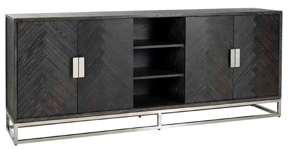 Casa Padrino aparador de lujo negro / plata 225 x 45 x A. 90 cm - Mueble de madera maciza con 4 puertas - Muebles de salón - Muebles de hotel - Colección de Lujo