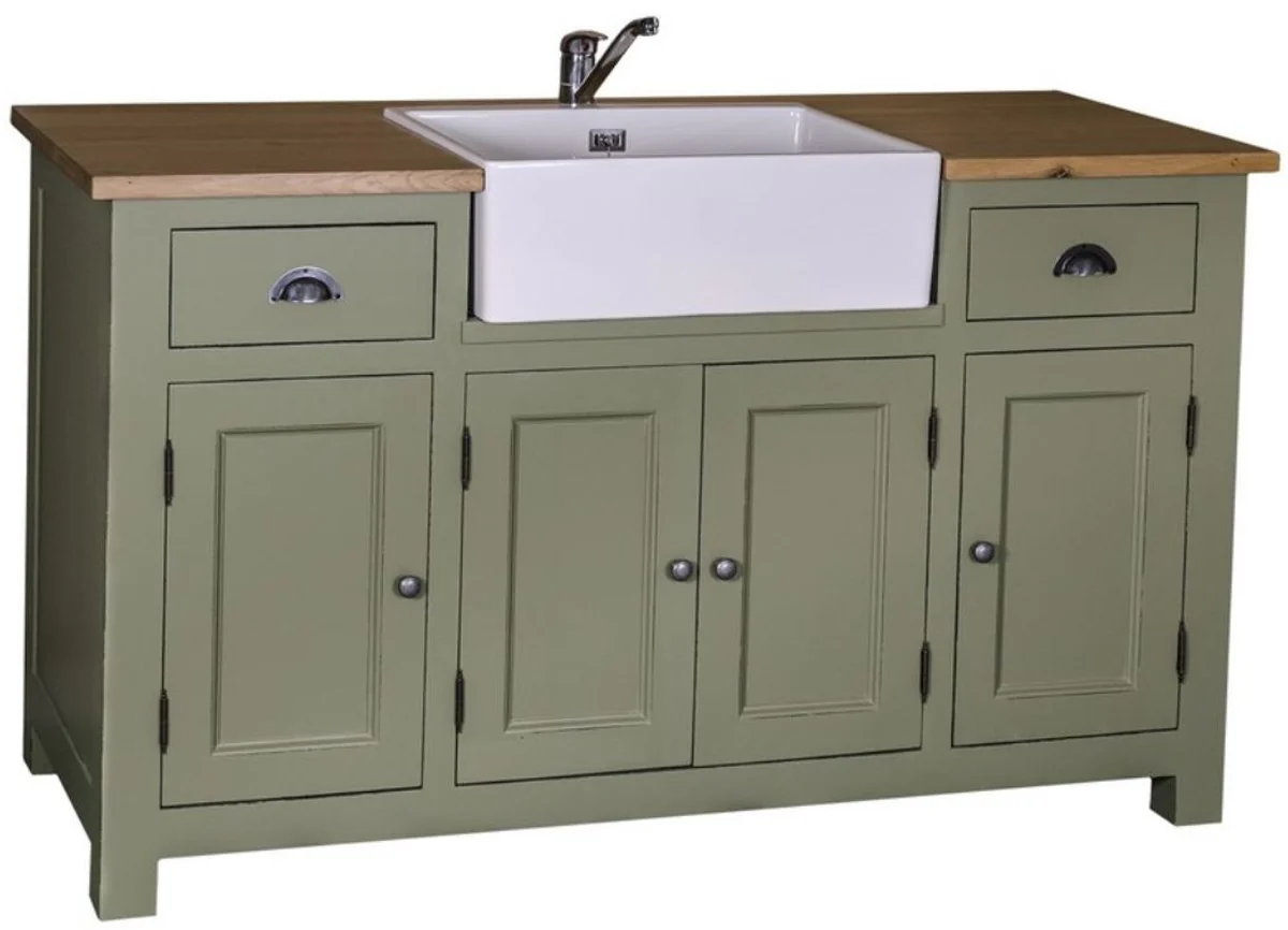 Casa Padrino mueble lavabo estilo country verde / colores naturales 155 x 65 x H. 90 cm - Mueble Bajo Lavabo con 4 Puertas y 2 Cajones