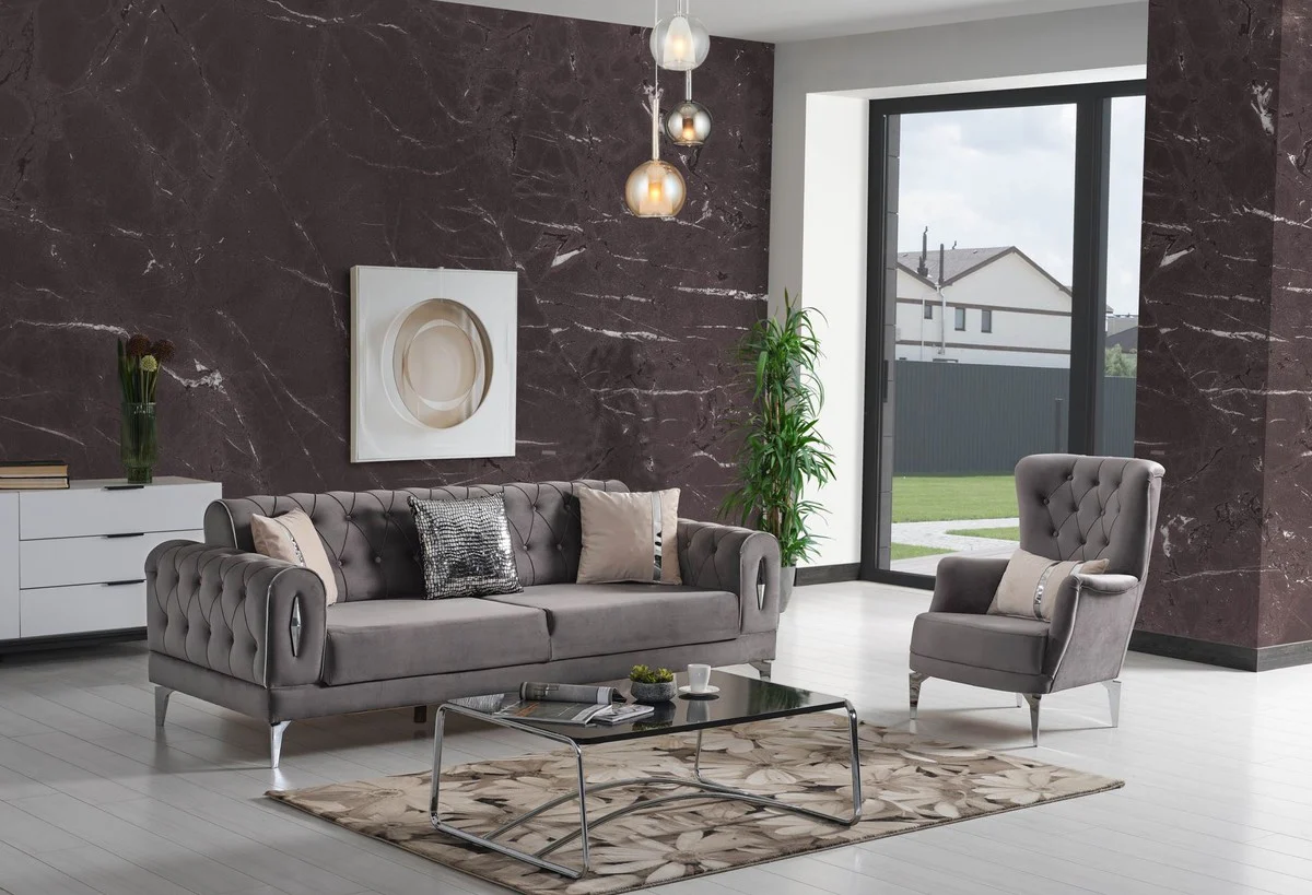 Casa Padrino sof¨¢ cama de lujo gris / plata 225 x 95 x A. 83 cm - Sof¨¢ de sal¨®n con 4 almohadas - Muebles de sal¨®n de lujo