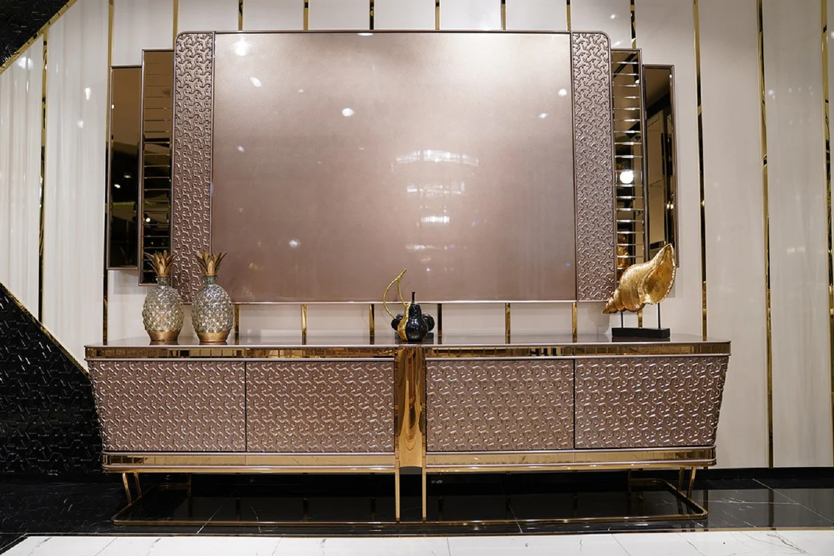 Casa Padrino conjunto de TV de lujo gris / oro - Aparador de sal¨®n de madera maciza con pared trasera para TV - Muebles de lujo - Muebles de sal¨®n