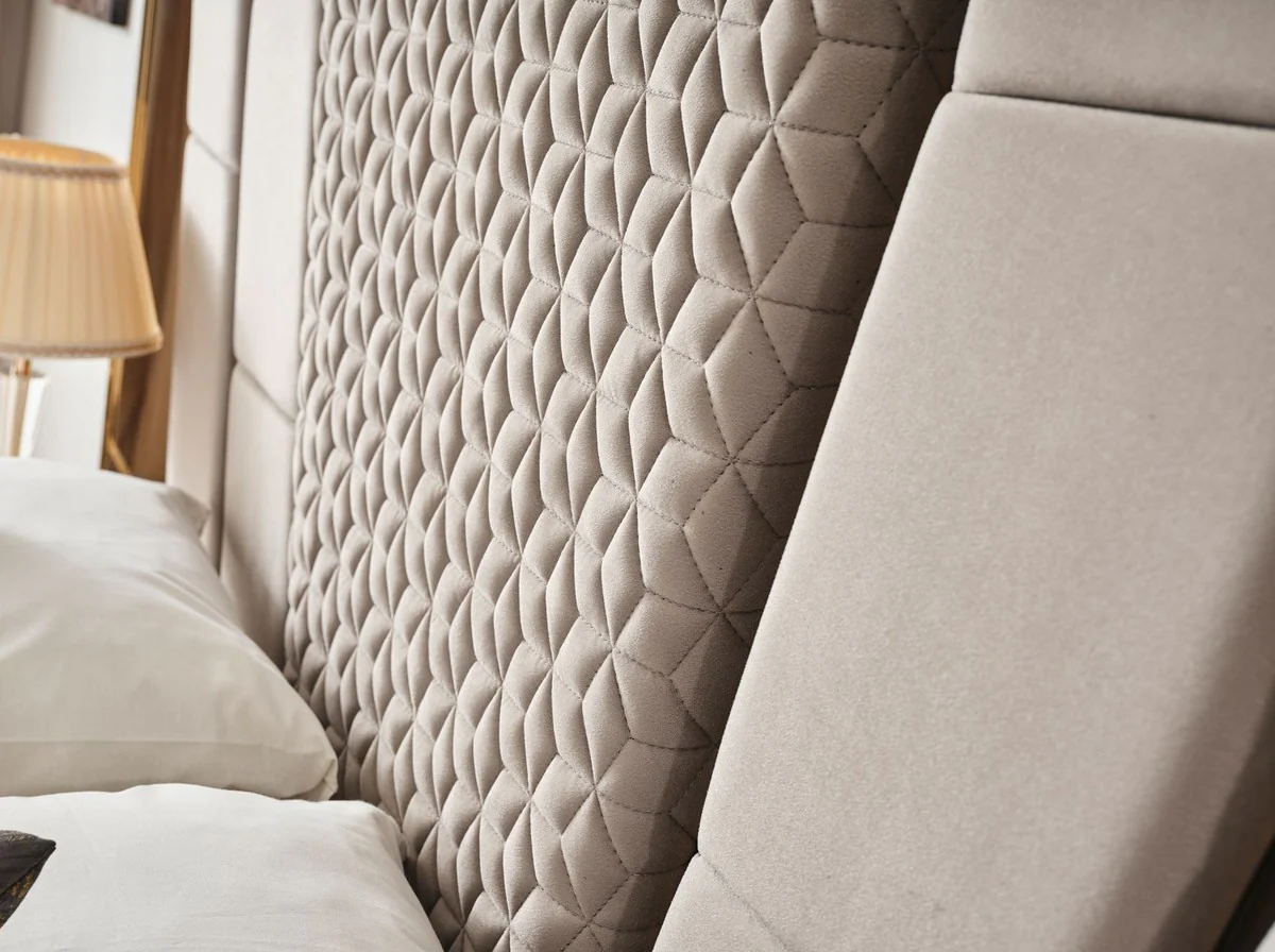 Casa Padrino Conjunto de Dormitorio Art Deco de Lujo Gris / Oro - 1 Cama Matrimonial con Cabecero y 2 Mesitas de Noche - Muebles de Dormitorio - Muebles Art Deco - Muebles de Lujo