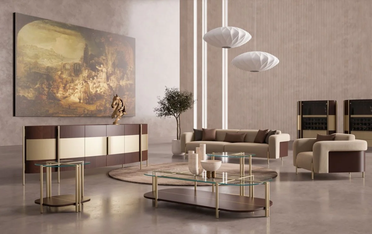 Casa Padrino mesa de centro de lujo marr¨®n oscuro / lat¨®n 155 x 75 x A. 35 cm - Mesa de sal¨®n con tapa de vidrio - Muebles de sal¨®n - Muebles de hotel - Muebles de lujo - Interiores de lujo