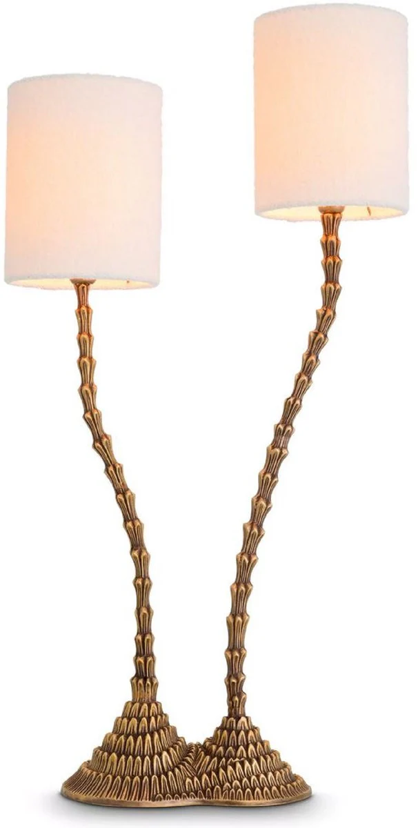 Casa Padrino lámpara de mesa doble de lujo latón vintage / blanco 27,5 x 15 x A. 78 cm - Lámpara de escritorio en diseño de palmera - Lámparas de mesa de lujo - Lámparas de escritorio de lujo