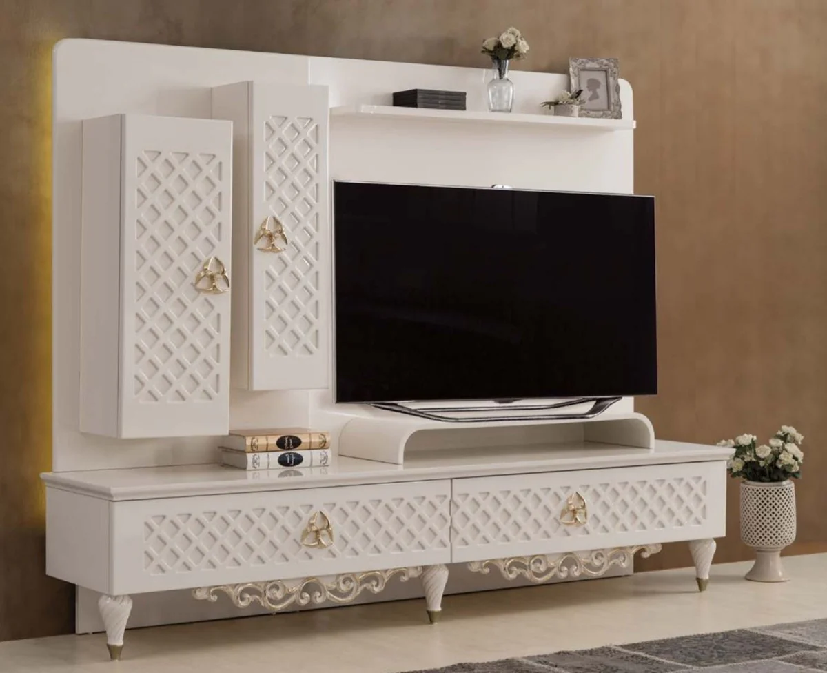 Casa Padrino gabinete de TV barroco de lujo blanco / oro 225 x 51 x A. 170 cm - Gabinete de madera maciza - Gabinete de sala de estar - Muebles de sal¨®n en estilo barroco