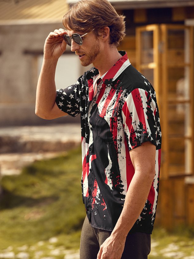 Flag Bigfoot Chest Pocket Short Sleeves Casual Shirt