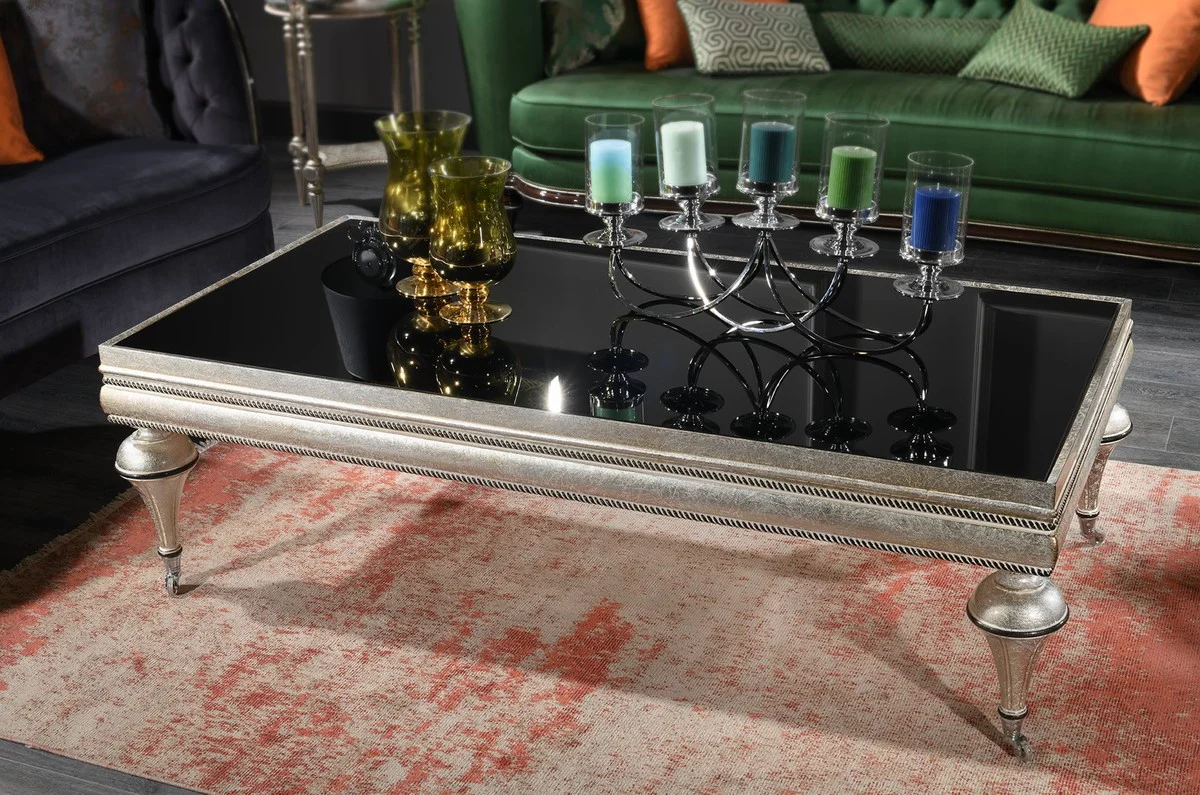 Casa Padrino mesa de centro barroco de lujo negro / plata - Magn¨ªfica mesa de sal¨®n de madera maciza con tapa de vidrio - Muebles de sal¨®n barrocos