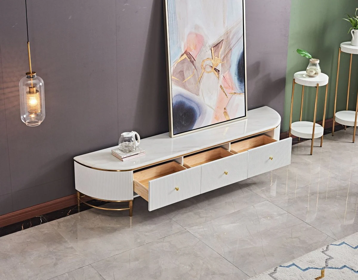 Casa Padrino armario de TV de lujo blanco / latón / oro 200 x 40 x H. 42 cm - Aparador de salón moderno con 3 cajones - Mueble TV de salón moderno