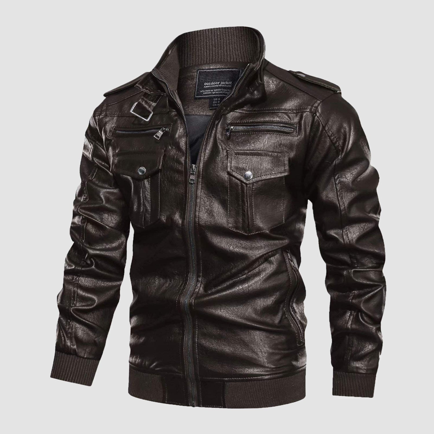Men's Vintage Pu Faux Leather Jacket with 6 Pockets Stand Collar Motorcycle PU Leather Outwear Coat