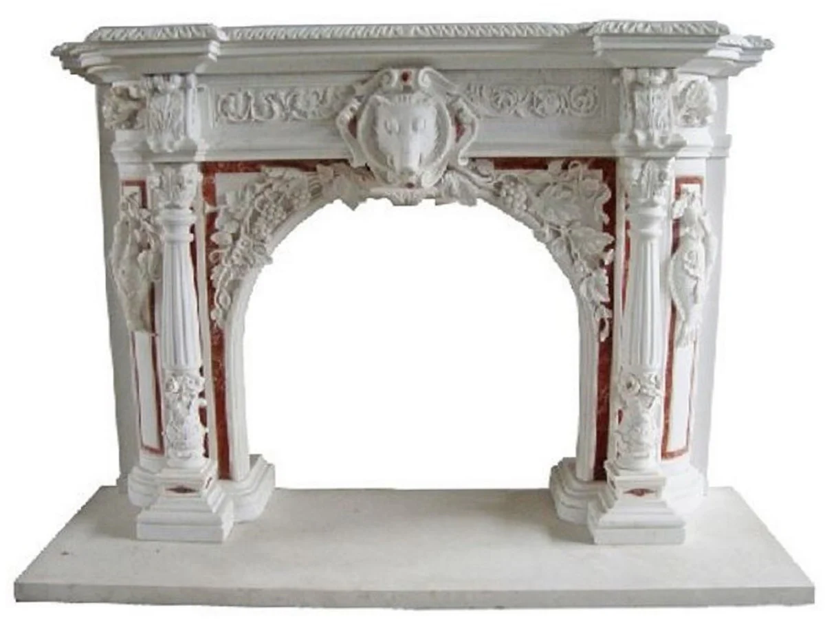 Casa Padrino marco de chimenea barroco de lujo blanco / rojo 180 x 35 x A. 130 cm - Marco de chimenea de m¨¢rmol de alta calidad - Accesorios decorativos en estilo barroco - Noble y Magn¨ªfico