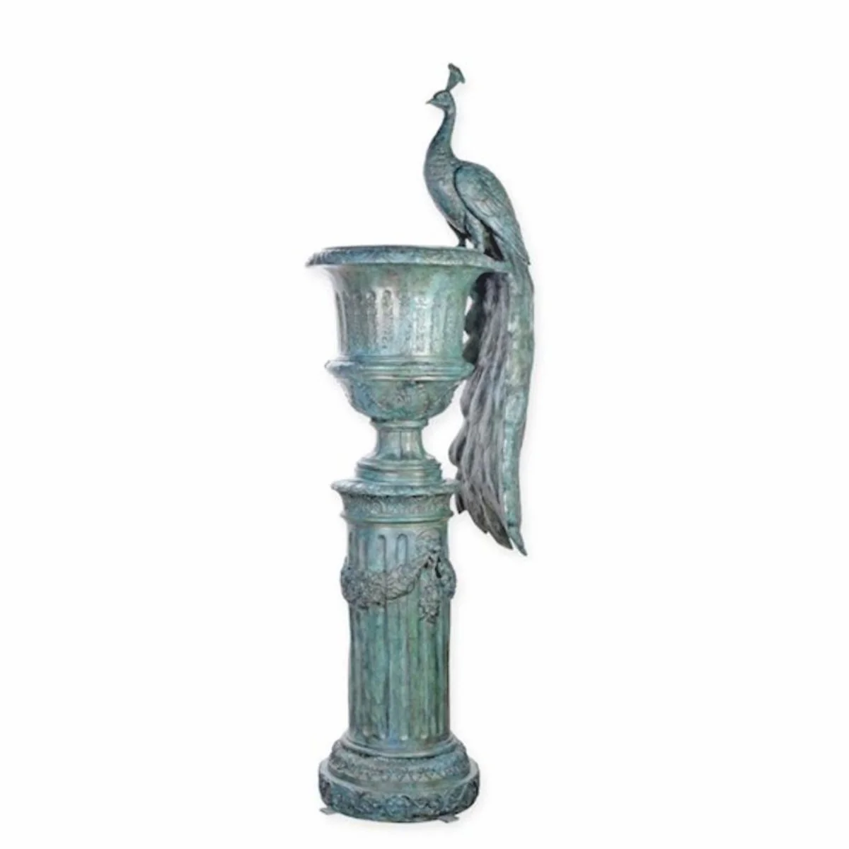 Casa Padrino jarr¨®n de flores de bronce con columna y pavo real de jard¨ªn barroco turquesa antiguo A. 238 cm