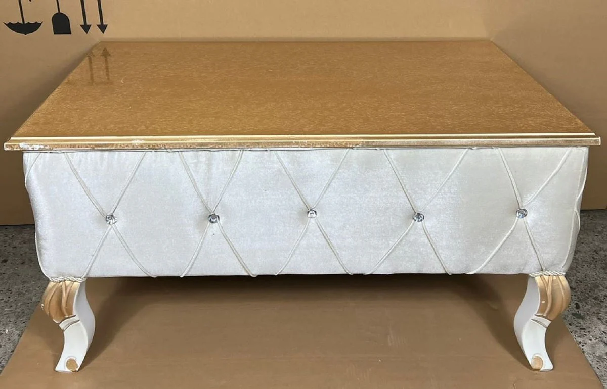 Casa Padrino mesa de centro barroco de lujo oro / plata / blanco / oro - Mesa de sal¨®n de estilo barroco de madera maciza con pedrer¨ªa - Muebles barrocos - Muebles de lujo en estilo barroco