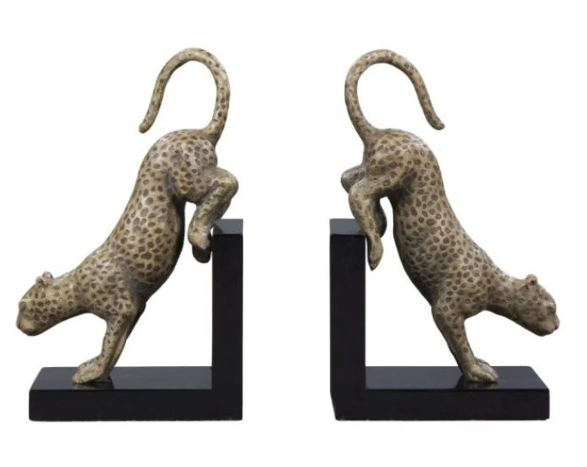 Sujetalibros de lujo Casa Padrino con leopardo de bronce sobre base de madera negra - figuras decorativas de bronce en la base