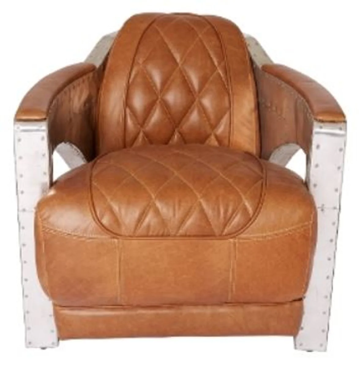 Casa Padrino genuine leather club armchair light brown / silver 75 x 89 x H. 70 cm - Luxury Collection