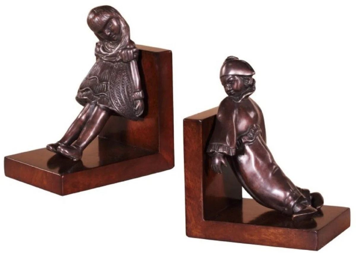 Casa Padrino conjunto de sujetalibros de lujo niña y payaso bronce / marrón 14 x 10 x H. 17 cm - Figuras de Bronce Decorado con Base de Madera
