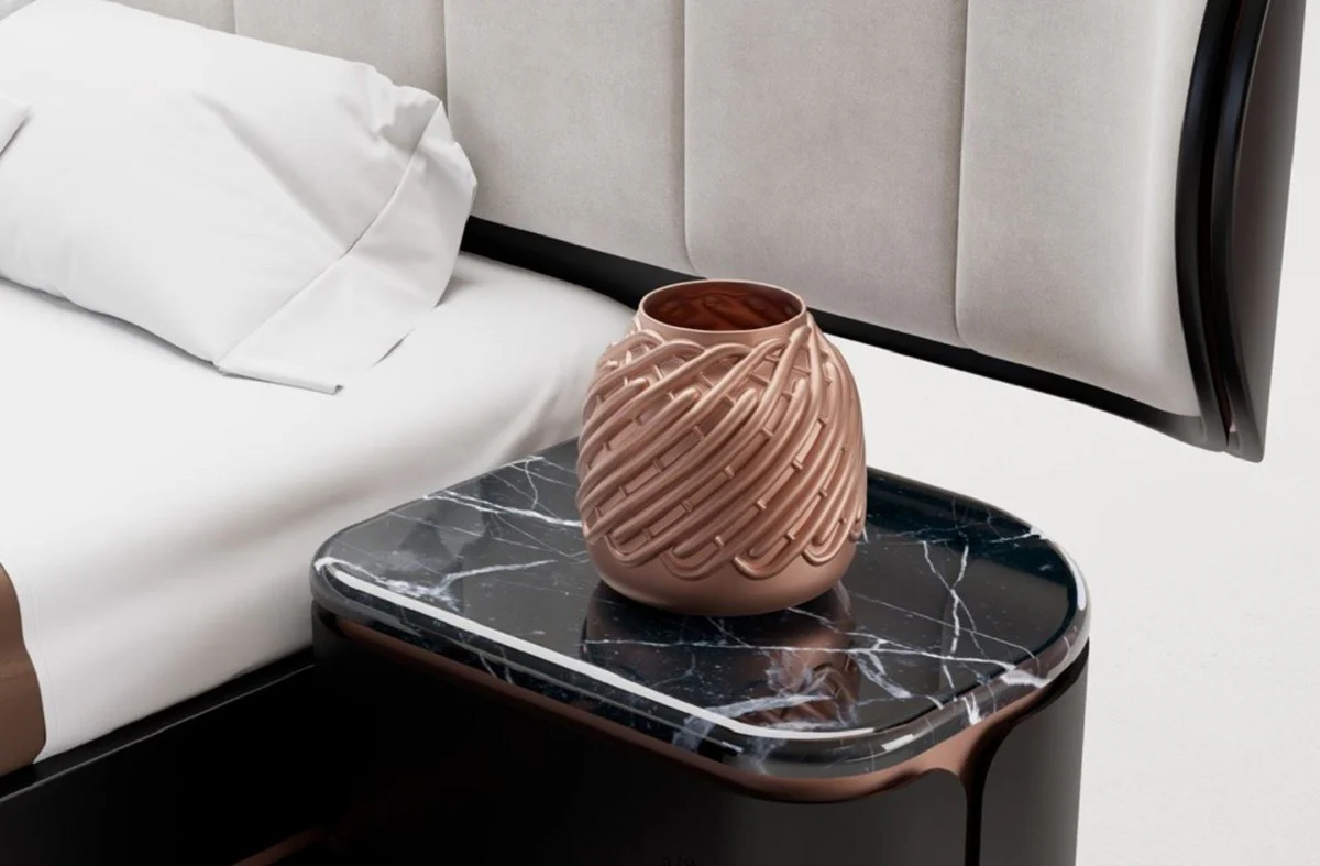 Casa Padrino mesita de noche de lujo negro / cobre 60 x 50 x A. 57 cm - Mesita de noche de madera maciza con 2 cajones y tapa de m¨¢rmol - Muebles de dormitorio - Muebles de hotel - Muebles de lujo