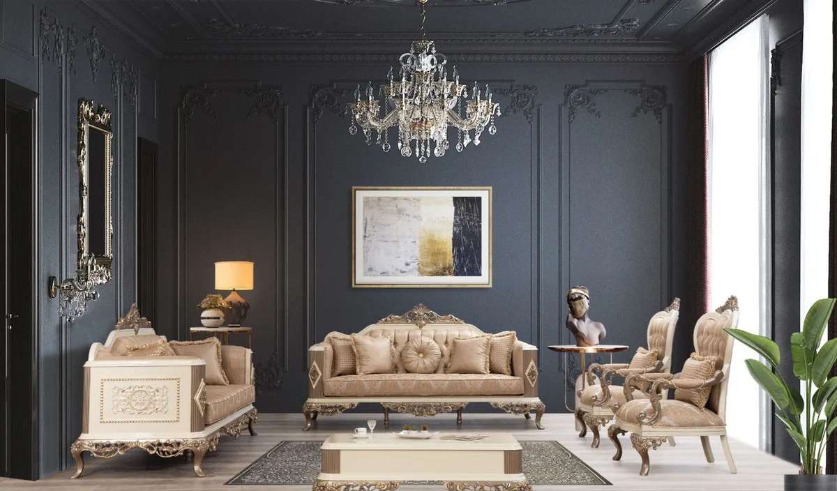 Casa Padrino mesa de centro barroco de lujo blanco / marr¨®n / oro 130 x 92 x A. 50 cm - Magn¨ªfica mesa de sal¨®n hecha a mano en estilo barroco - Muebles Barrocos