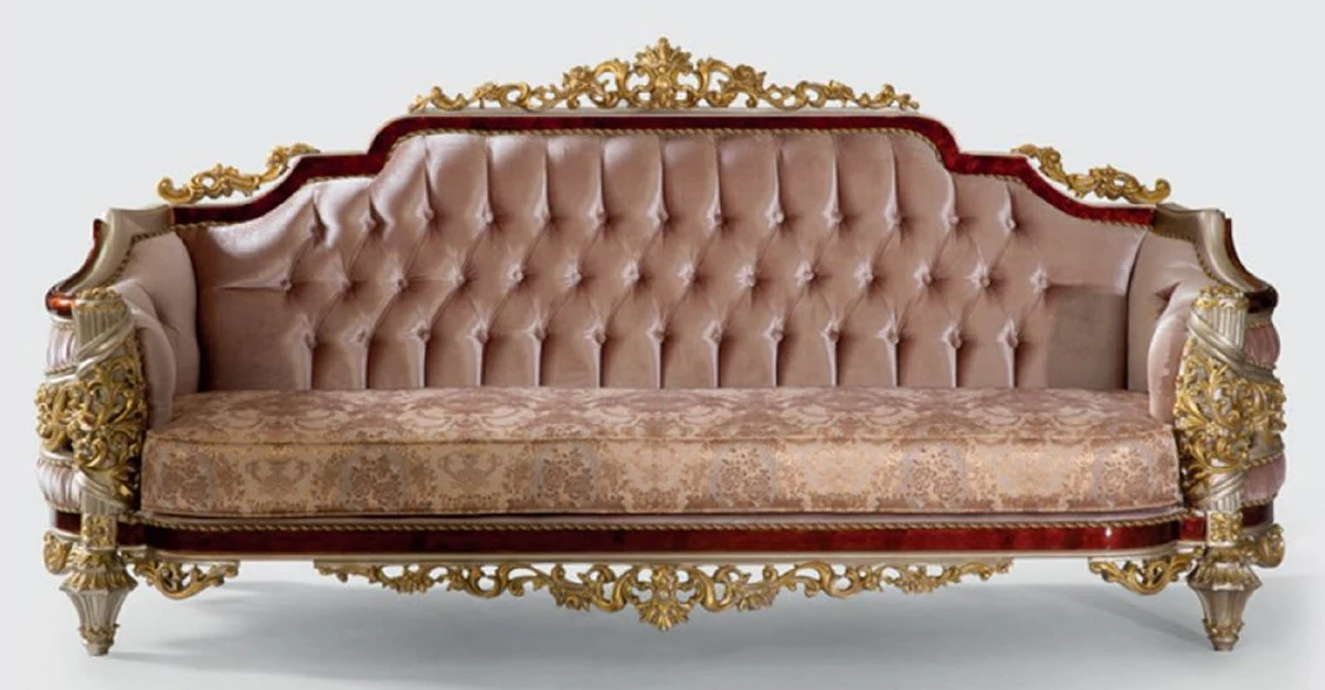 Casa Padrino sof¨¢ barroco de lujo rosa / marr¨®n / plata / oro 240 x 90 x A. 116 cm - Magn¨ªfico sof¨¢ de sal¨®n con patr¨®n elegante - Muebles de estilo barroco