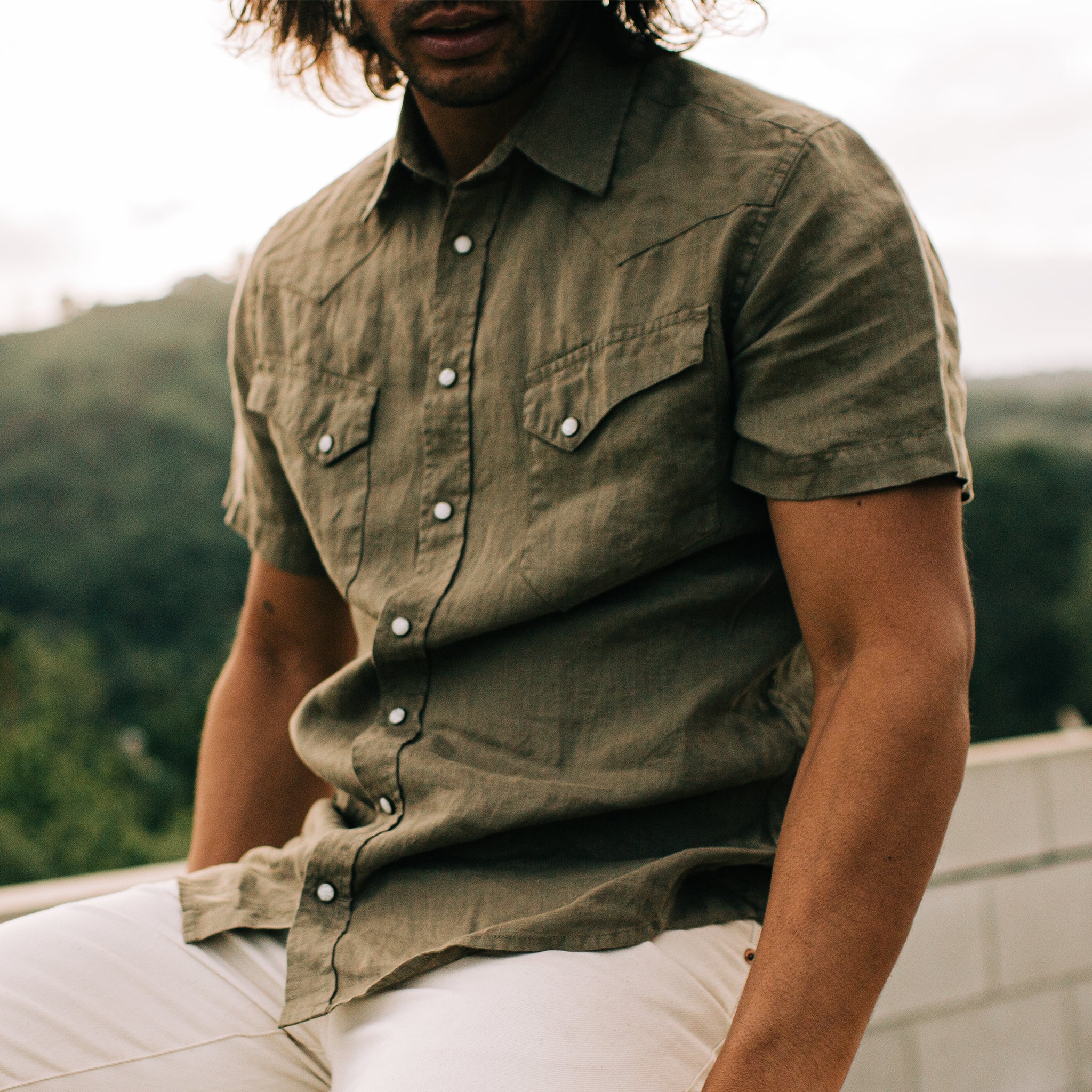 The Short Sleeve Western in Olive Linen