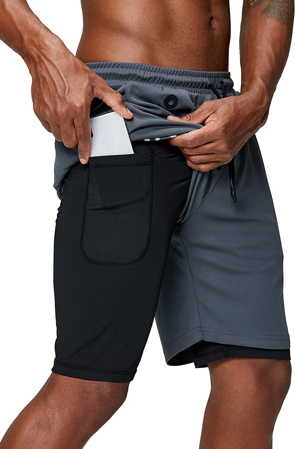 Men's 2 in 1 Running Shorts Gym Workout Quick Dry Mens Shorts with Phone Pocket