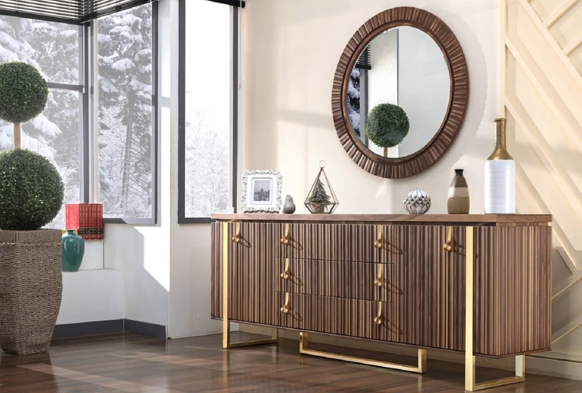 Casa Padrino aparador Art Deco de lujo marrón / oro 200 x 42 x A. 80 cm - Gabinete noble de madera maciza con 2 puertas y 3 cajones - Muebles Art Deco - Muebles de lujo