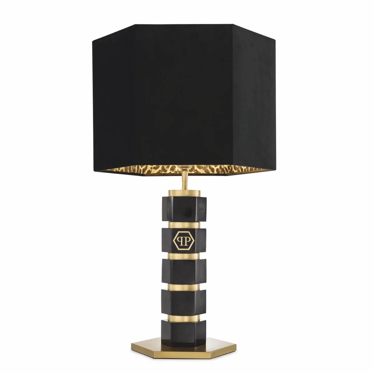 Philipp Plein l¨¢mpara de mesa de m¨¢rmol de lujo A. 76 cm negro / lat¨®n / leopardo - Calidad de lujo