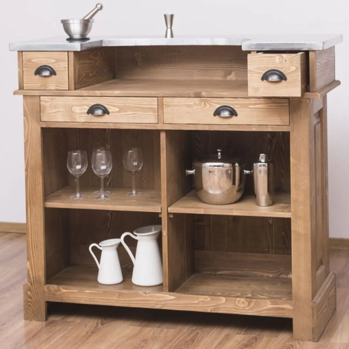 Casa Padrino barra de bar de estilo campestre natural / plata 120 x 65 x A. 107 cm - Barra de bar de madera maciza con sobre de mesa galvanizado - Muebles de bar en estilo campestre