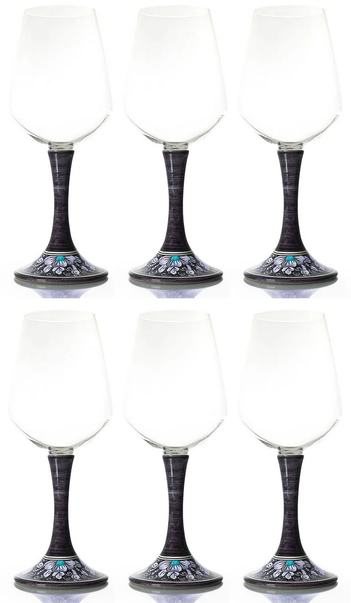 Casa Padrino conjunto de 6 copas de vino de lujo negro / multicolor A. 23,5 cm - Copas de vino hechas y pintadas a mano - Accesorios hoteles y restaurantes - Calidad de lujo - Hecho en Italia