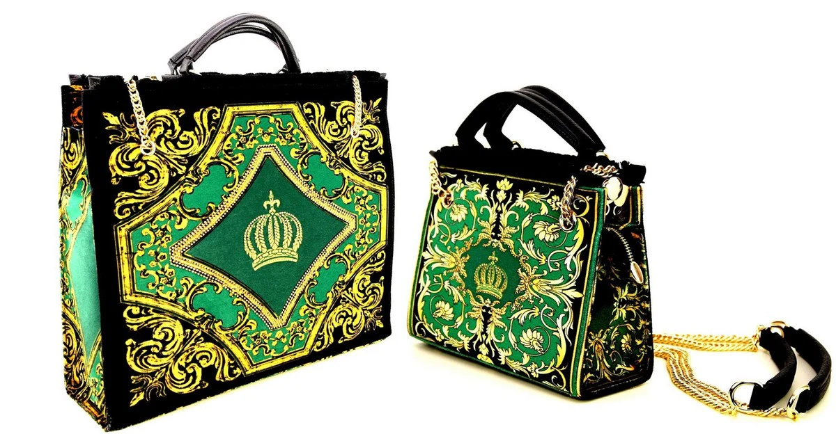 Pomp??s by Casa Padrino Conjunto de Bolsos de Mujer de Lujo Flores Barrocos con Corona y Pedrer¨ªa Verde / Negro / Oro - Bolsos de mujer pomposos dise?ados por Harald Gl??ckler