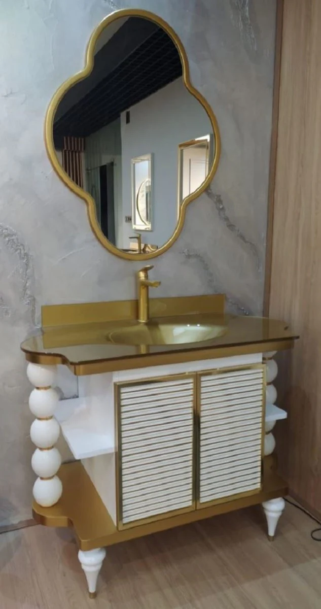Casa Padrino conjunto de baño barroco blanco / oro - 1 Mesa de Lavado con Lavabo de Vidrio y 1 Espejo de Pared - Mueble de Baño Barroco