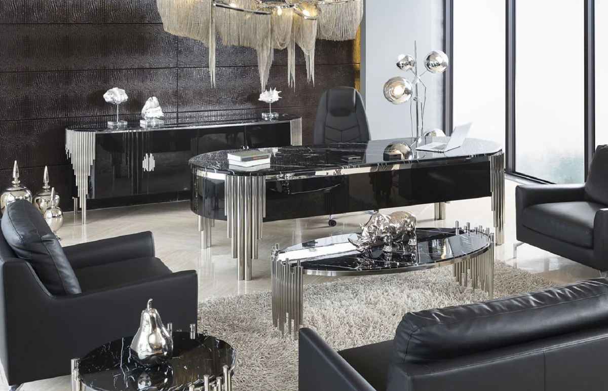 Casa Padrino mesa de centro de lujo con tablero de m¨¢rmol artificial negro / plata 140 cm - Muebles de lujo