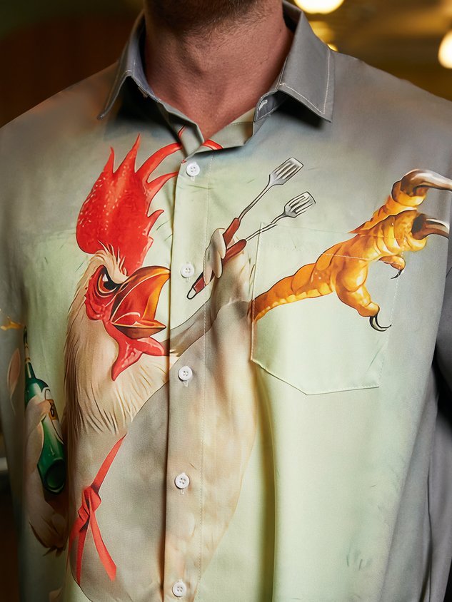 Kung fu Rooster Chest Pocket Short Sleeve Casual Shirt