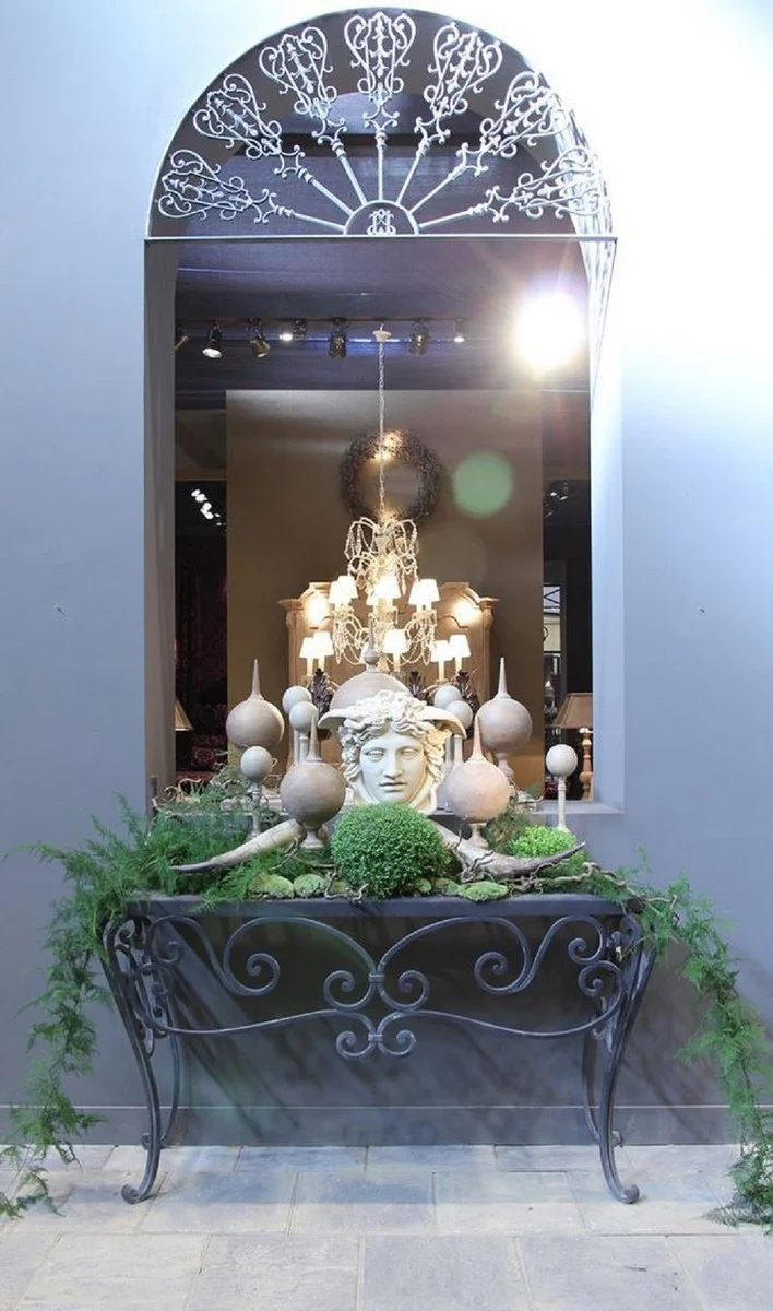 Casa Padrino consola Art Nouveau de lujo negro 156 x 50 x A. 87 cm - Mesa consola de hierro forjado hecha a mano con tablero de metal - Muebles de Jardín de Patio de Sala de Estar