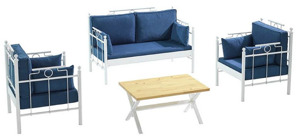 Casa Padrino Art Nouveau Conjunto de Muebles de Jard¨ªn Azul / Blanco - 1 Sof¨¢ y 2 Sillones y 1 Mesa - Muebles de Jard¨ªn y Patio Art Nouveau