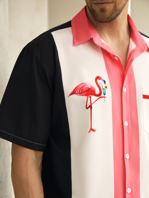 Flamingo Chest Pocket Short Sleeve Bowling Shirt