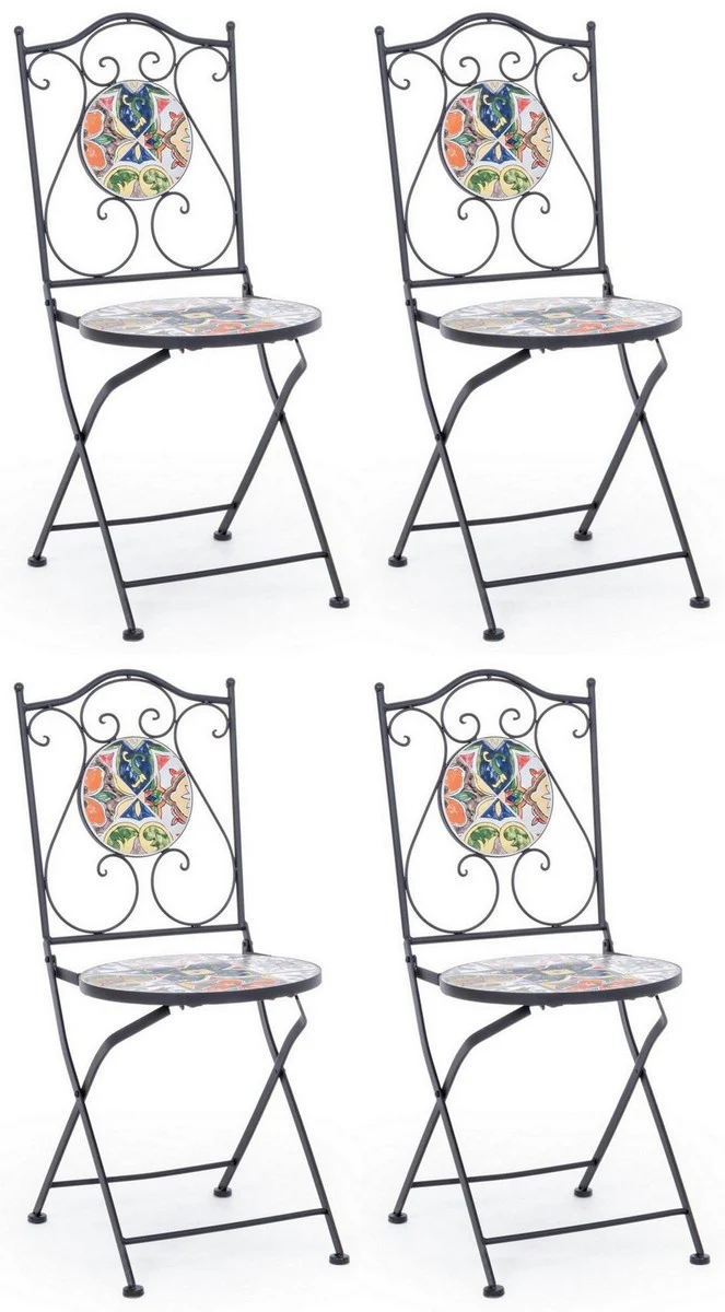Casa Padrino conjunto de 4 sillas de jard¨ªn Art Nouveau negro / multicolor 39 x 47 x A. 92 cm - Sillas plegables con tapas de cer¨¢mica noble - Muebles de Jard¨ªn y Catering