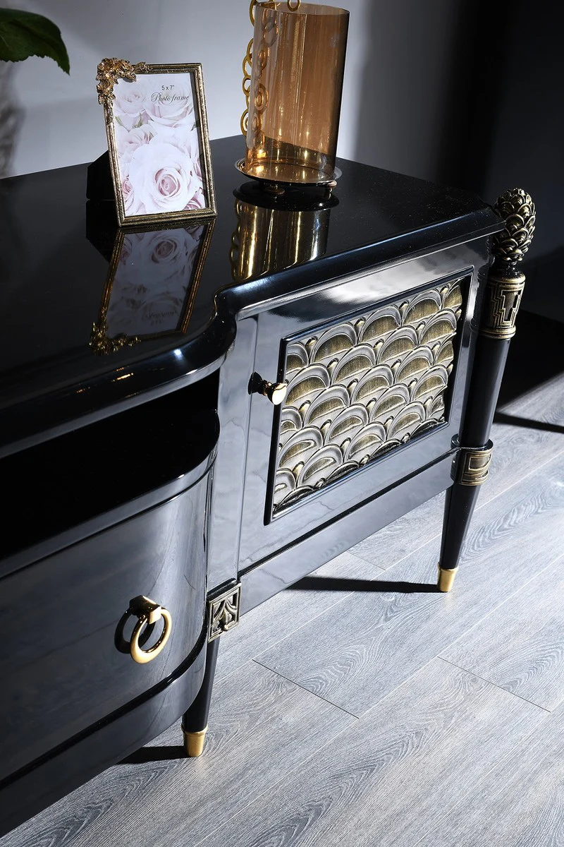 Casa Padrino gabinete de la TV barroco de lujo negro / oro 226 x 59 x H. 68 cm - Armario de Salón Barroco con 2 Puertas y Cajón