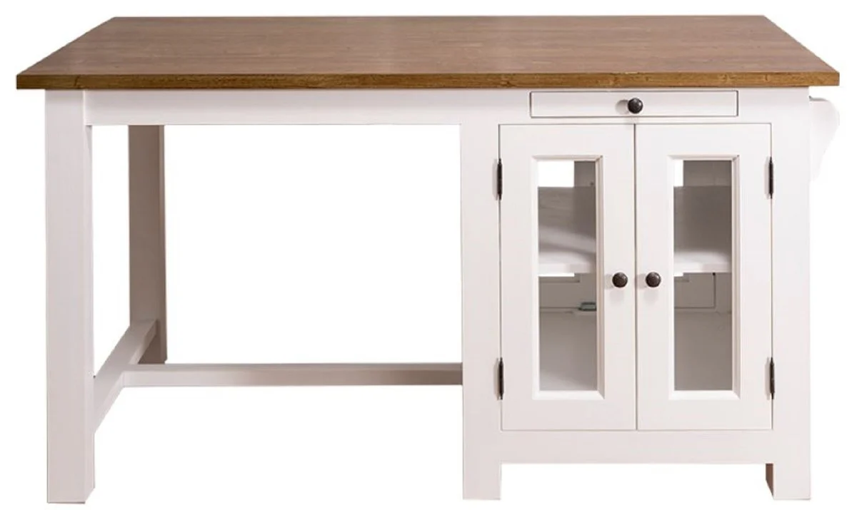 Casa Padrino isla de cocina de estilo campestre con 4 puertas de vidrio y 2 cajones blanco / marr¨®n oscuro 150 x 85 x H. 80 cm - Muebles de Cocina de Estilo Campestre