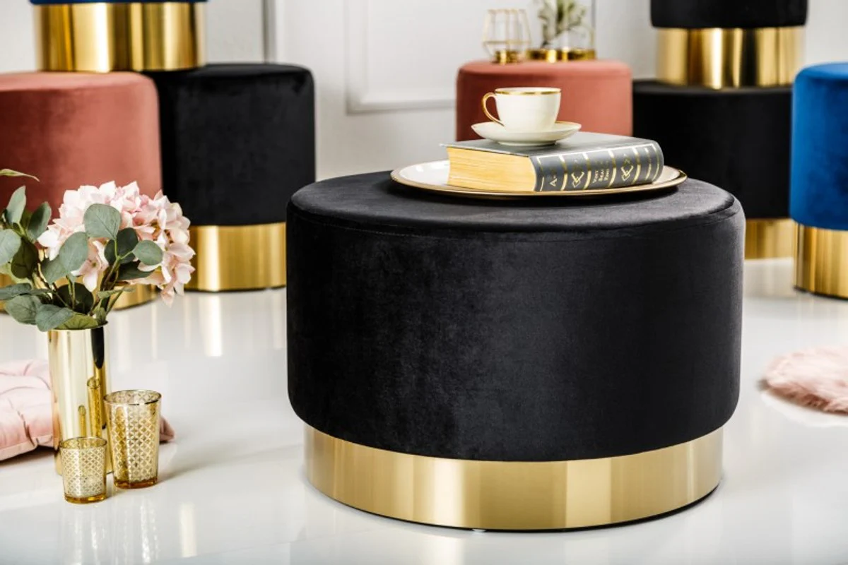 Taburete redondo de dise?o Casa Padrino Negro / Dorado B. 55 x Alt. 35 cm - Muebles de sala