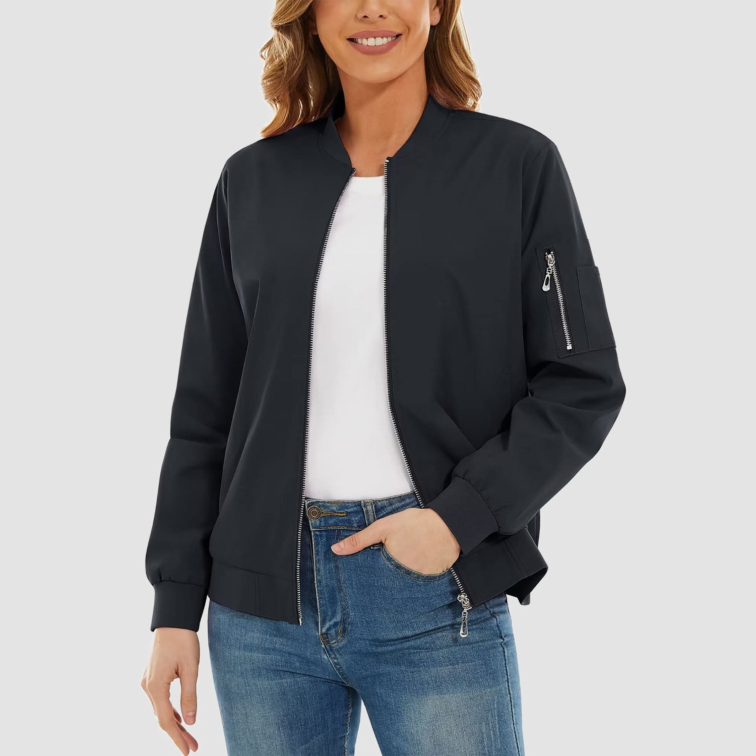 Women's Bomber Jackets Casual Jacket with 3 Pockets Spring Windbrealer Coat Fashion Outwear