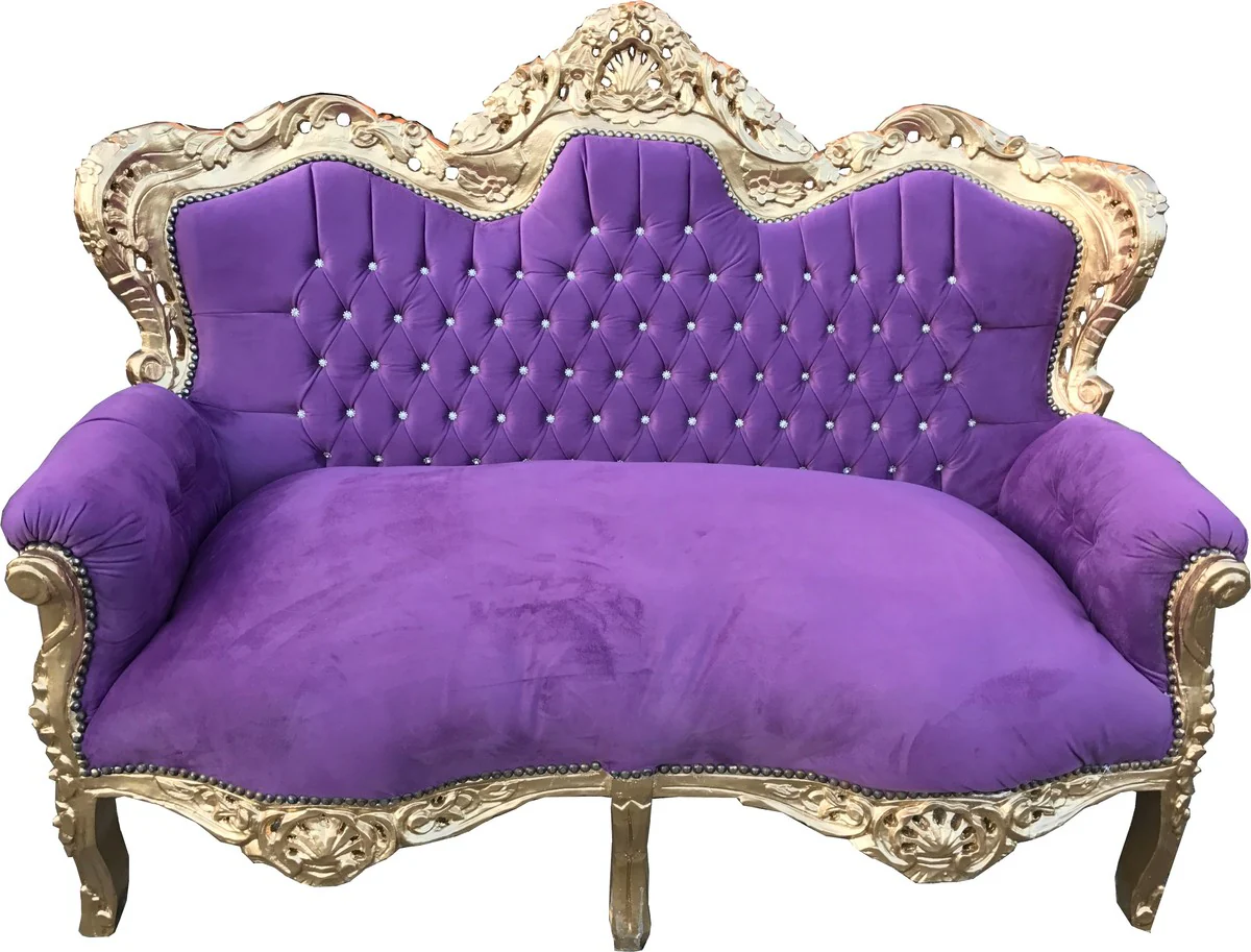 Casa Padrino Baroque 2 Seater Sofa  Master  with Bling Bling Glittering Stones Purple / Gold 160 x 70 x H. 128 cm - Baroque Living Room Furniture