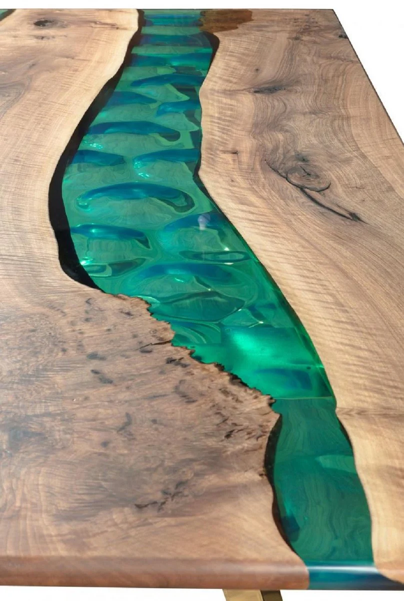 Casa Padrino mesa de comedor de lujo marr¨®n / verde / oro 210 x 100 x A. 76 cm - Mesa de cocina rectangular con resina epoxi - Muebles de comedor - Muebles de resina epoxi - Muebles de lujo