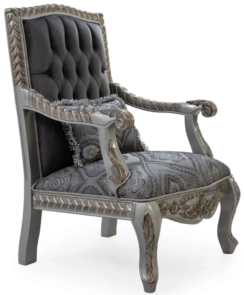 Casa Padrino conjunto de sala de estar barroco de lujo gris / azul / plata / bronce - 2 Sof¨¢s y 2 Sillones y 1 Mesa de Centro - Muebles de sal¨®n en estilo barroco magn¨ªfica