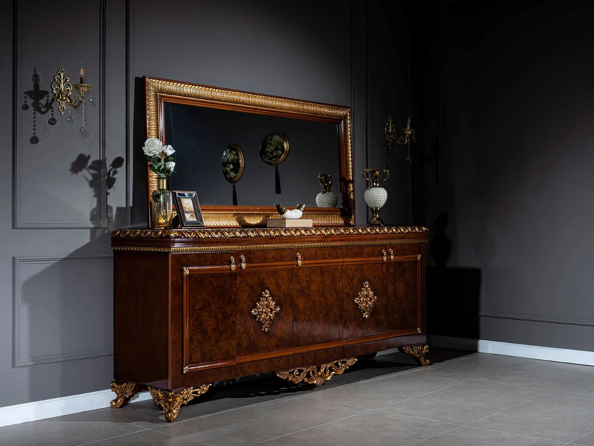 Casa Padrino conjunto de muebles barrocos de lujo aparador con espejo marrón / bronce / oro - Noble mueble de madera maciza con elegante espejo de pared - Muebles de estilo barroco