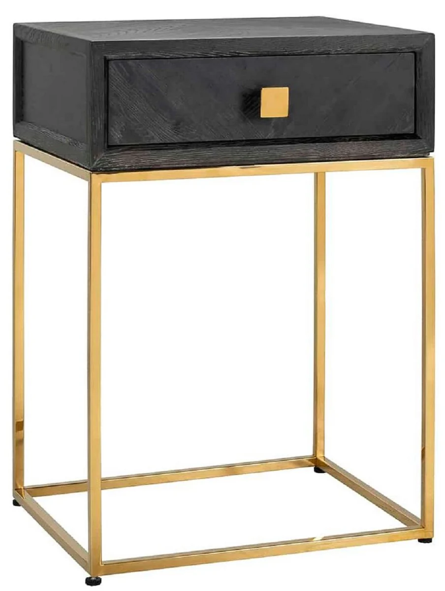 Casa Padrino mesa auxiliar de lujo negro / oro 50 x 40 x A. 71 cm - Mesita de noche de madera maciza con caj¨®n y estructura de acero inoxidable - Muebles de dormitorio de lujo