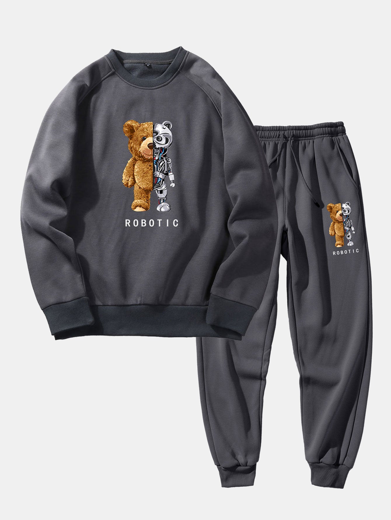Robot Bear Print Raglan Sleeves Sweatshirt & Jogger Pants