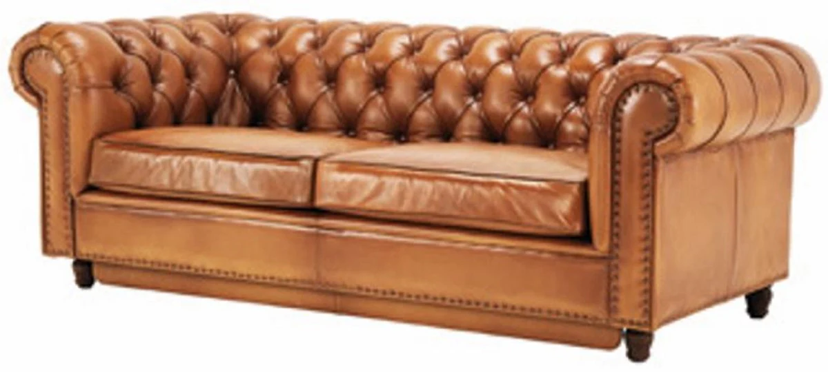 Casa Padrino sof¨¢ cama Chesterfield de lujo de cuero genuino marr¨®n claro / marr¨®n 220 cm - Muebles de cuero genuino