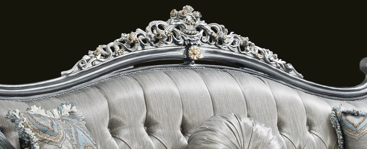 Casa Padrino sof¨¢ barroco de lujo plata / turquesa / oro 248 x 96 x A. 118 cm - Magn¨ªfica sof¨¢ de sal¨®n de madera maciza con patr¨®n elegante y cojines decorativos - Muebles de sal¨®n barrocos