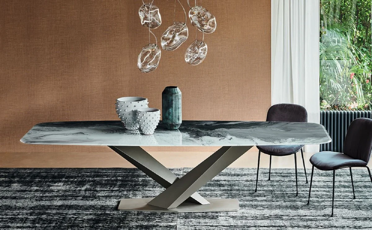 Casa Padrino mesa de comedor de lujo multicolor / titanio 300 x 120 x A. 75 cm - Mesa de comedor moderna con tapa de vidrio - Muebles de comedor de lujo - Calidad de lujo - Hecho en Italia