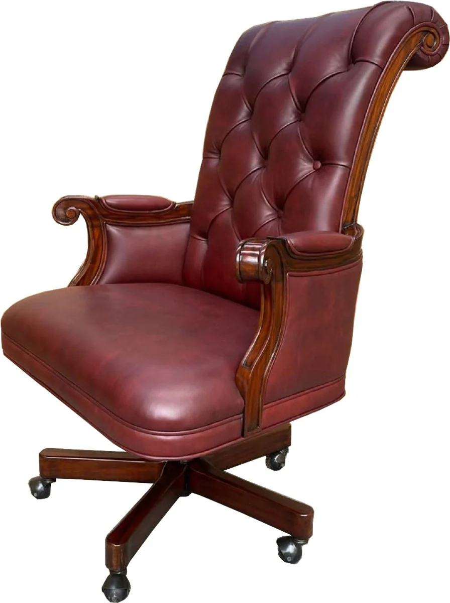 Casa Padrino silla de oficina de cuero Chesterfield de lujo rojo burdeos / marr¨®n oscuro 71 x 76 x A. 114 cm - Silla de escritorio de cuero genuino - Muebles Chesterfield - Muebles de lujo